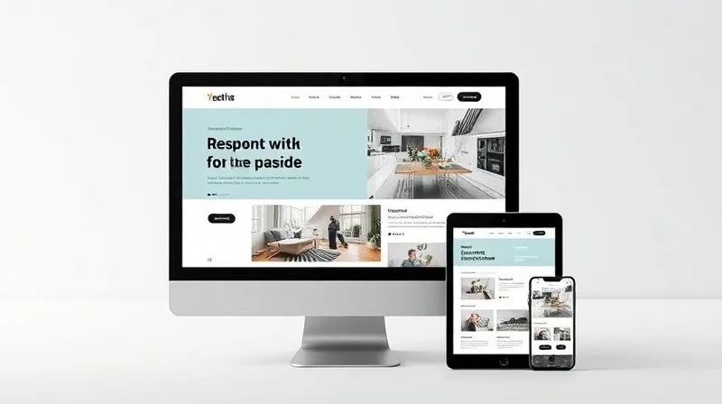 A photorealistic depiction of a responsive landing page layout adapting seamlessly across different devices: a desktop monitor, a tablet, and a smartphone, all displayed side-by-side. The design elements are clean and functional, cinematic lighting, sharp focus, 8K hyper-detailed, professional photography.