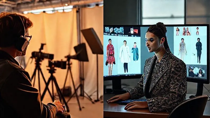 A photorealistic split image showing a traditional fashion photoshoot setup on one side with a large crew, expensive equipment, and a physical location, contrasting with the other side depicting a single designer at a computer screen, generating diverse fashion looks with AI software in a virtual environment. Cinematic lighting, sharp focus on both scenes, depth of field, 8K hyper-detailed, shot on a high-end DSLR.