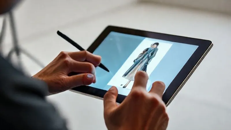 A photorealistic close-up of a fashion designer's hands meticulously refining an AI-generated image on a high-resolution tablet, using a stylus. The screen displays a virtual model wearing a new garment, with subtle adjustments being made to lighting and fabric texture. Cinematic lighting, sharp focus on the hands and tablet, depth of field blurring a modern, minimalist studio background, 8K hyper-detailed, shot on a high-end DSLR.