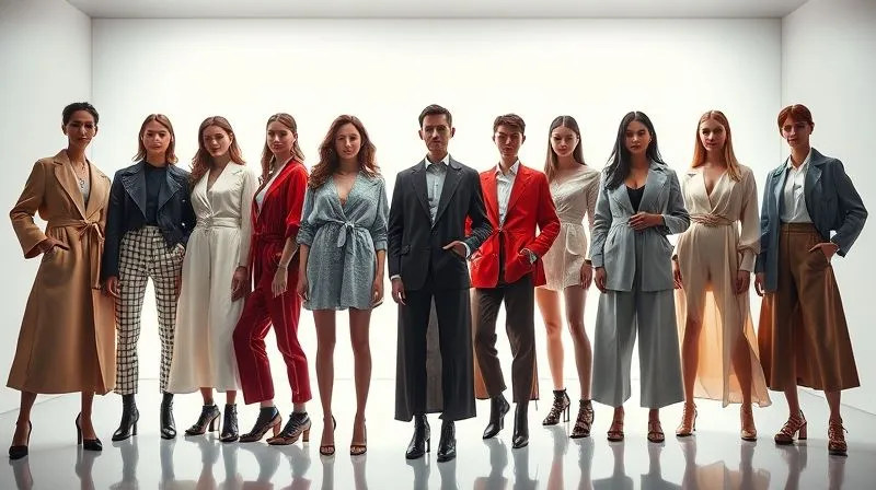 A photorealistic, professional photography shot on a high-end DSLR, showing a diverse group of virtual fashion models, each wearing a different stylish garment, standing in a futuristic, minimalist studio. The models are subtly glowing, indicating AI generation, with perfectly rendered fabrics and textures. Cinematic lighting, sharp focus on the clothing, with a shallow depth of field. 8K hyper-detailed, showcasing the power of AI tools for fashion e-commerce.