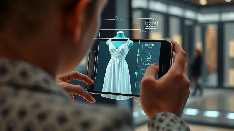 A photorealistic, professional photography shot on a high-end DSLR, showing a futuristic e-commerce interface where a customer is virtually trying on a dress via augmented reality on their phone. The dress is rendered in realistic 3D, seamlessly integrated into the real-world background. Holographic elements and AI-powered data visualizations float around, indicating predictive fashion trends. Cinematic lighting, sharp focus on the dress, with a shallow depth of field. 8K hyper-detailed, illustrating the future of AI in fashion retail.