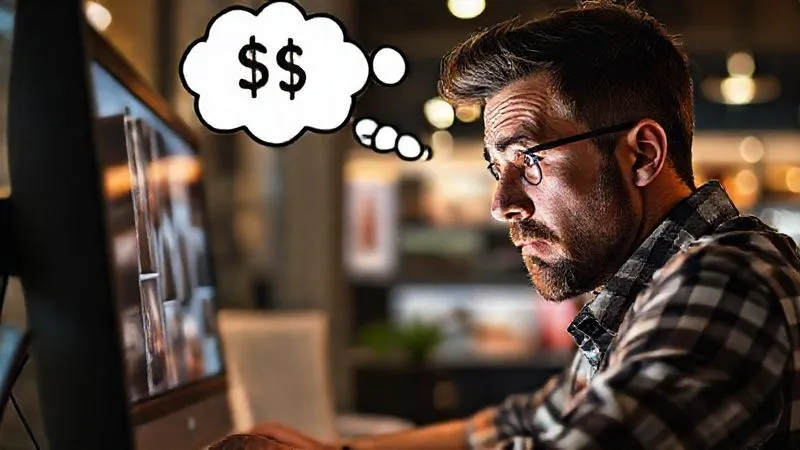Photorealistic image of a frustrated business owner staring at a computer screen displaying a beautiful but static photo gallery, with a thought bubble above their head showing dollar signs slipping away. Cinematic lighting, sharp focus on the screen and owner's face, depth of field, 8K.