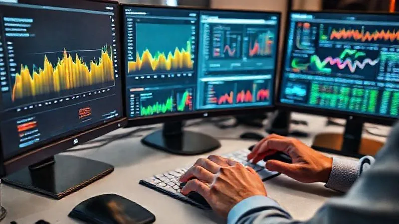 A photorealistic image of a data analyst's desk, with multiple screens displaying A/B testing results, heatmaps, and conversion funnels. A person's hands are visible, expertly navigating a mouse. Cinematic lighting, sharp focus on the data, depth of field. 8K hyper-detailed, shot on a high-end DSLR.