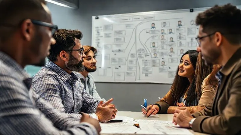 A photorealistic close-up of a diverse group of business professionals in a modern office setting, deep in thought, brainstorming on a whiteboard filled with user journey maps and persona profiles. Cinematic lighting, sharp focus on their expressions of understanding, depth of field blurring the background, 8K hyper-detailed, professional photography, shot on a high-end DSLR.