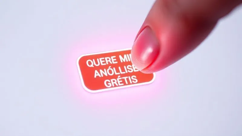 A photorealistic close-up of a vibrant, glowing Call-to-Action button on a clean, minimalist landing page interface, with a finger poised to click. The button reads "QUERO MINHA ANÁLISE GRÁTIS". Cinematic lighting, sharp focus on the button and finger, depth of field blurring the background, 8K hyper-detailed, professional photography, shot on a high-end DSLR.