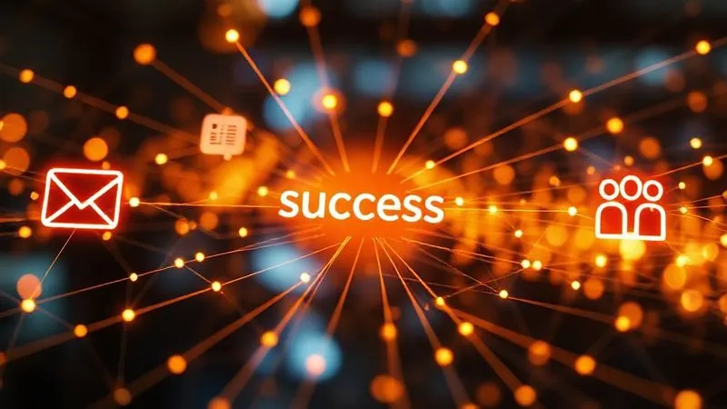 A photorealistic intricate digital network of glowing lines connecting various icons: a landing page, an email icon, a CRM database icon, and a sales team icon, all flowing towards a central 'success' icon. Cinematic lighting, sharp focus on the interconnectedness, depth of field blurring abstract background elements, 8K hyper-detailed, professional photography, shot on a high-end DSLR.
