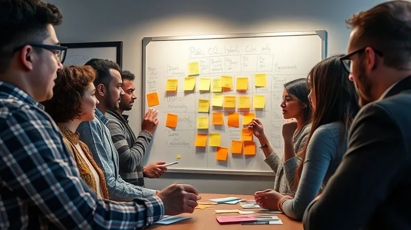 A photorealistic image of a diverse group of people engaged in a brainstorming session, using sticky notes and whiteboards, illustrating deep user research and problem validation. The atmosphere is collaborative and innovative, with cinematic lighting and sharp focus on the central activity, 8K hyper-detailed.