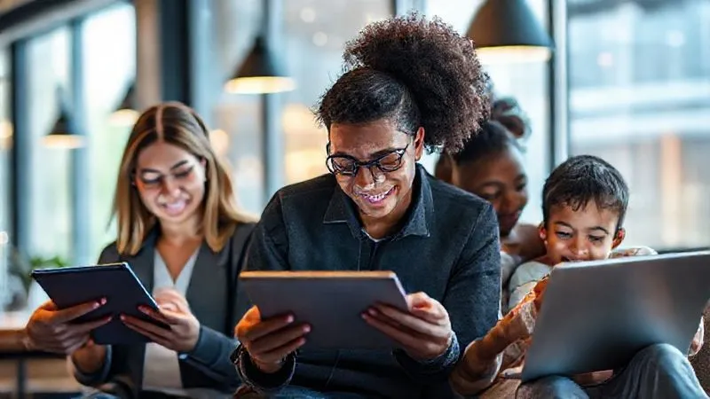 Photorealistic image of a diverse group of people from different demographics (age, ethnicity, profession) interacting with various digital products on tablets and laptops in distinct, relevant environments. One person is a busy executive in a modern office, another is a student in a cafe, and a parent is with their child at home, cinematic lighting, sharp focus on their engaged faces and the screens, depth of field blurring backgrounds, 8K hyper-detailed, professional photography, shot on a high-end DSLR, conveying user personas and product context.