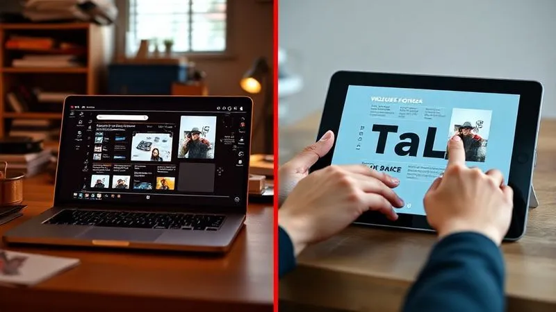 A side-by-side comparison image. On the left: A 'bad' mockup showing a generic laptop screen with a poorly Photoshopped, pixelated digital product interface, harsh artificial lighting, and a cluttered background. On the right: A 'good' mockup showing the same digital product on a high-end tablet, photorealistic rendering, cinematic lighting, sharp focus, a human hand subtly interacting with the screen, and a clean, contextual background, 8K hyper-detailed, professional photography, shot on a high-end DSLR, illustrating the stark difference in quality and effectiveness.