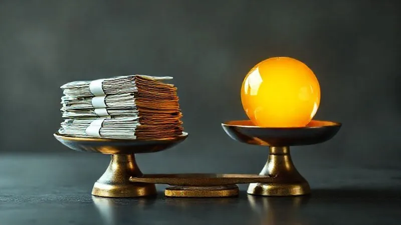 A photorealistic conceptual image depicting two scales: one heavily weighted with a large stack of money (representing "Price"), and the other, significantly lighter, holding a single, glowing golden orb (representing "Value"), with the golden orb visibly outweighing the money. Cinematic lighting, sharp focus on the scales, depth of field, 8K hyper-detailed, shot on a high-end DSLR.