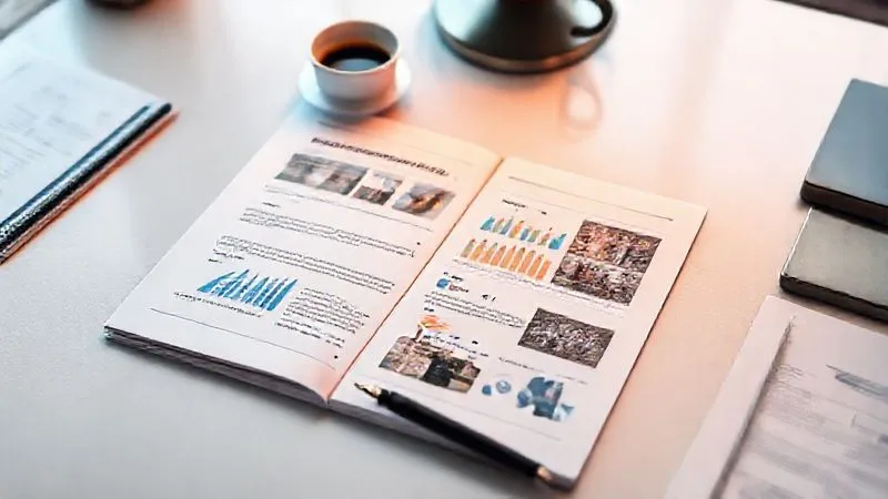 A photorealistic, top-down shot of a beautifully designed, open digital proposal document on a modern desk, featuring clean typography, strategically placed data visualizations (charts, graphs), and high-quality, relevant images. A pen and a cup of coffee are subtly in the background. Cinematic lighting, sharp focus on the document, depth of field, 8K hyper-detailed, shot on a high-end DSLR.