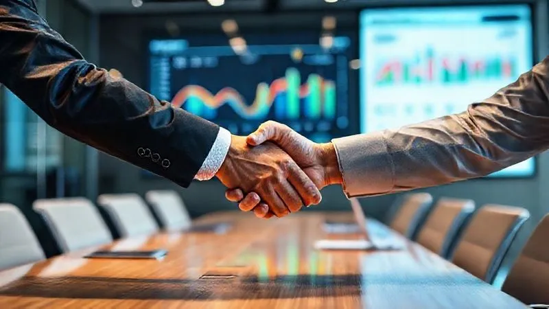A photorealistic, close-up shot of two business professionals shaking hands firmly across a modern conference table, a blurred, successful digital project dashboard visible on a large screen in the background. The mood is confident and collaborative. Cinematic lighting, sharp focus on the handshake, depth of field, 8K hyper-detailed, shot on a high-end DSLR.