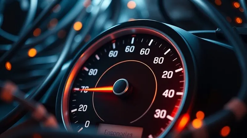A photorealistic image of a digital speedometer with a needle firmly in the 'fast' zone, surrounded by abstract glowing data streams representing optimized website performance. Cinematic lighting, sharp focus on the speedometer, depth of field blurring a background of network cables, 8K hyper-detailed, professional photography, shot on a high-end DSLR.