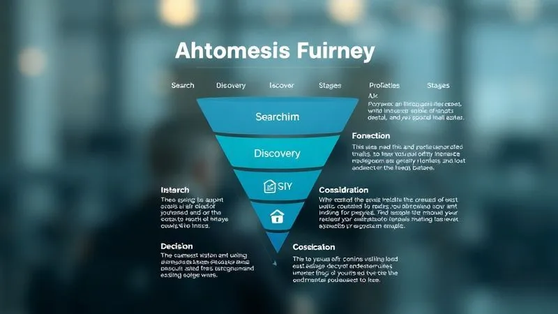 A photorealistic infographic showing a digital customer journey funnel for real estate, with search, discovery, consideration, and decision stages, each stage represented by a distinct icon and a brief description, flowing downwards. The design is clean and modern, with subtle gradients and clear typography. Cinematic lighting, 8K, professional photography, sharp focus, depth of field.