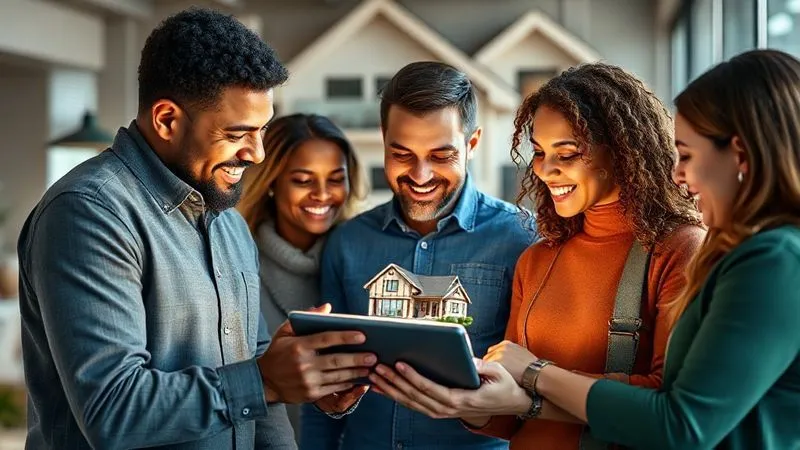 A photorealistic image of a diverse group of people looking at a tablet showing a real estate blog post, with a background of modern homes. The people are engaged and smiling, representing connection and trust as they consume valuable information. Cinematic lighting, 8K, professional photography, sharp focus, depth of field.