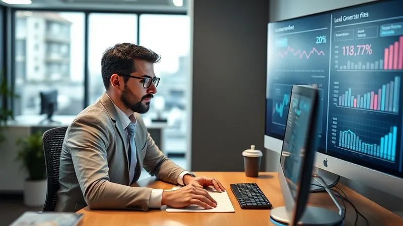 A photorealistic image of a professional real estate agent interacting with a client via a sophisticated CRM system on a desktop computer, while a digital dashboard displays lead generation metrics and conversion rates. The scene is modern and efficient, with cinematic lighting highlighting the agent's focused expression and the data on the screen. 8K, professional photography, sharp focus, depth of field.