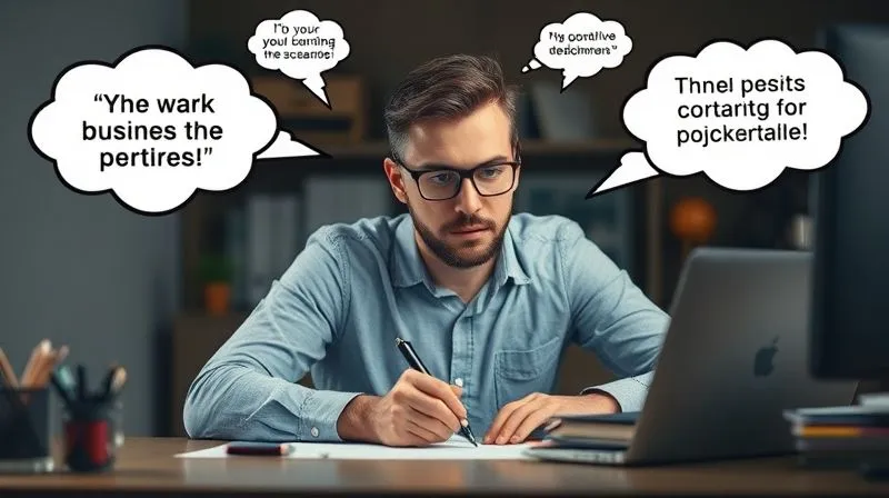 A photorealistic image of a professional content writer at a desk, surrounded by thought bubbles containing engaging headlines, data points, and call-to-action buttons, cinematic lighting, sharp focus on the writer's focused expression, depth of field blurring the background, 8K hyper-detailed, professional photography, shot on a high-end DSLR, conveying creativity and strategic thinking.