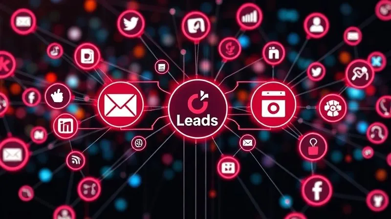 A photorealistic image of a complex digital ecosystem, with various interconnected icons representing social media, email marketing, CRM, and a central blog icon, all flowing data towards a 'leads' symbol, cinematic lighting, sharp focus, 8K hyper-detailed, professional photography, shot on a high-end DSLR, conveying connectivity and optimized lead flow.