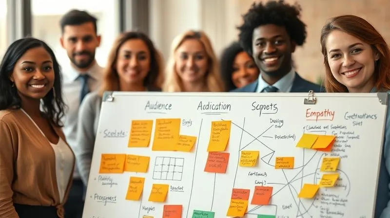 A photorealistic image of a diverse group of professional individuals, subtly blurred in the background, with a sharp focus on a whiteboard in the foreground covered with sticky notes, diagrams, and empathy maps, representing in-depth audience research and persona creation. Cinematic lighting, 8K hyper-detailed, professional photography, shot on a high-end DSLR.