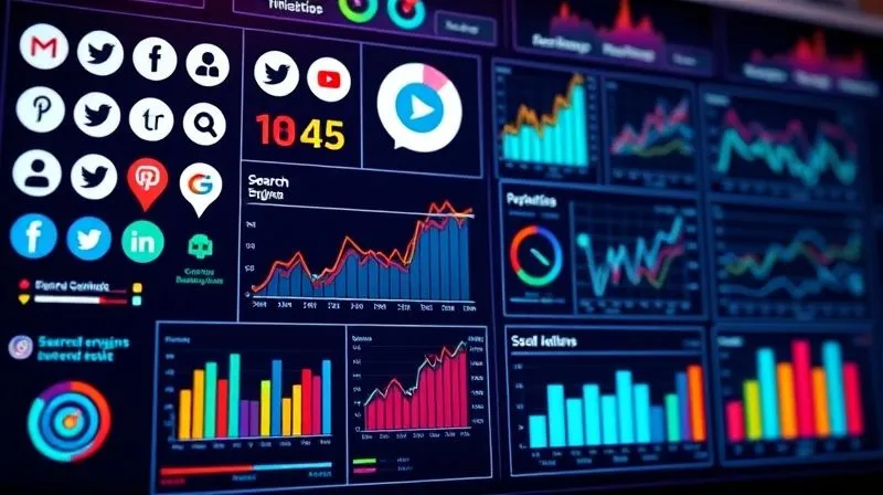 A photorealistic, vibrant digital marketing dashboard displaying various channels like social media icons, search engine results, email campaign graphs, and website analytics. The focus is on interconnected data streams, representing a multi-channel content distribution strategy. Cinematic lighting, 8K hyper-detailed, professional photography, shot on a high-end DSLR.