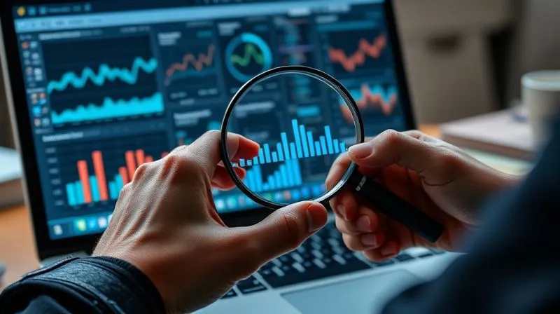 A photorealistic image of a data analyst's hands hovering over a laptop displaying complex dashboards with various graphs and charts, including conversion funnels and lead metrics. A magnifying glass is positioned over a specific data point, symbolizing detailed analysis and optimization. Cinematic lighting, 8K hyper-detailed, professional photography, shot on a high-end DSLR.