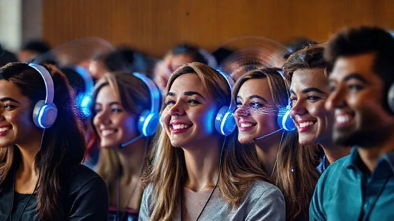A photorealistic image of a diverse group of people from different age groups and backgrounds, all wearing headphones and smiling, each immersed in their own listening experience but subtly connected by faint, glowing sound waves that weave between them, symbolizing widespread digital audio consumption and engagement. professional photography, 8K, cinematic lighting, sharp focus, depth of field, shot on a high-end DSLR.