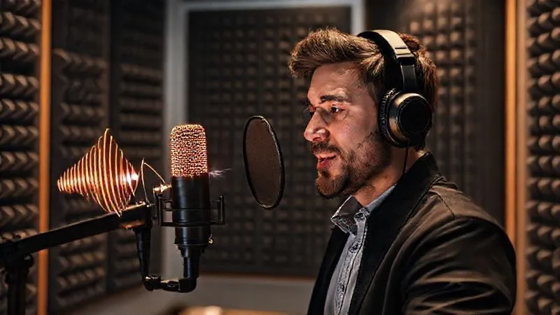 A photorealistic image of a professional voice actor in a soundproof studio booth, wearing headphones and speaking into a high-end microphone. The studio environment is sleek and modern, with sound-absorbing panels on the walls. Subtle, glowing sound waves are visible emanating from the microphone, representing clear audio production. professional photography, 8K, cinematic lighting, sharp focus, depth of field, shot on a high-end DSLR.