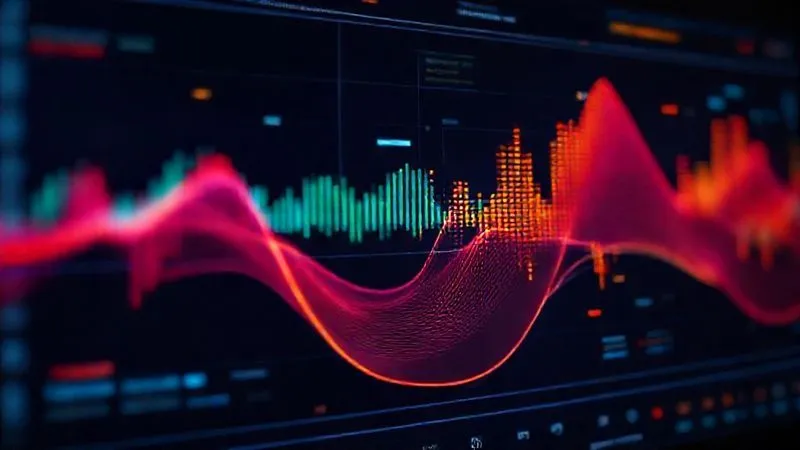 A photorealistic image of a sophisticated digital audio interface with multiple colored sound waves moving across the screen, some diverging and others converging, representing segmenting and personalizing audio content for different listener demographics. The interface is clean and futuristic. professional photography, 8K, cinematic lighting, sharp focus, depth of field, shot on a high-end DSLR.