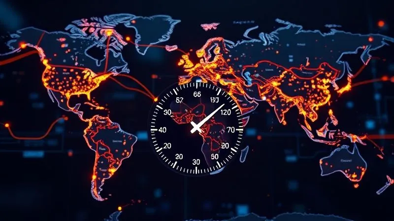 A photorealistic global map with glowing lines connecting various data centers (represented by server racks) across continents, illustrating content being delivered rapidly from the closest point to a user. A speed dial is prominently featured in the foreground, indicating high performance. Professional photography, 8K, cinematic lighting, sharp focus on the map and dial, depth of field, shot on a high-end DSLR.