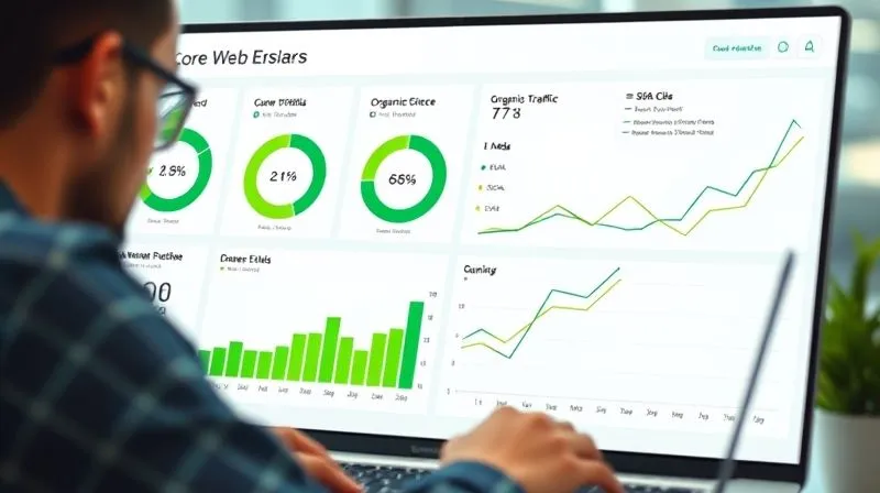 A photorealistic dashboard displaying excellent Core Web Vitals scores (green indicators for LCP, FID, CLS), intertwined with a graph showing increasing organic traffic and sales funnels. The dashboard has a clean, modern interface. Professional photography, 8K, cinematic lighting, sharp focus on the dashboard, depth of field blurring a user interacting with a laptop, shot on a high-end DSLR.