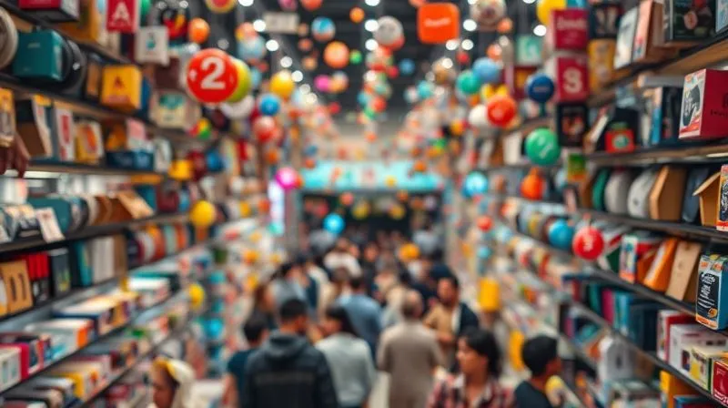 A photorealistic, professional photography of a crowded, bustling digital marketplace with hundreds of diverse product icons floating around, symbolizing a generic store's vast inventory and the challenge of standing out. Cinematic lighting, sharp focus on the chaotic variety, depth of field blurring the background, 8K hyper-detailed, shot on a high-end DSLR.