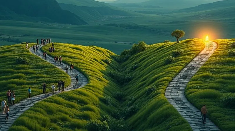 A photorealistic image showing two distinct pathways diverging in a lush digital landscape. One path is wide and bustling with diverse figures and products (generic), the other is narrower, illuminated, and leads to a focused, glowing beacon (niche). Cinematic lighting, sharp focus on the diverging paths, depth of field blurring the distant horizon, 8K hyper-detailed, professional photography, shot on a high-end DSLR.