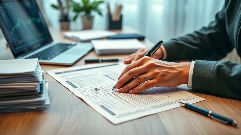 A photorealistic, professional photography image of a person's hands meticulously filling out a complex tax form on a desk, surrounded by organized stacks of documents, a laptop displaying financial data, and a pen. The scene uses soft, cinematic lighting, sharp focus on the hands and documents, depth of field blurring a tidy office background, 8K hyper-detailed, shot on a high-end DSLR, conveying diligence and careful financial management.
