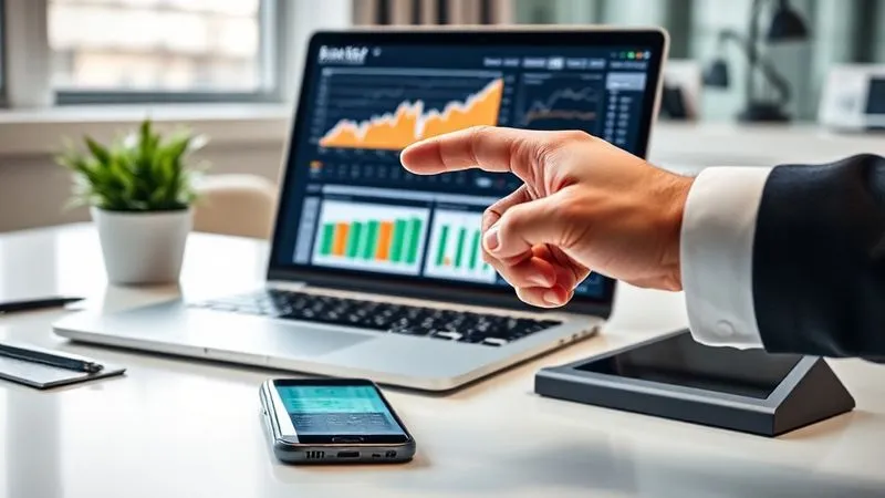 A photorealistic, professional photography image of a modern desk with a laptop displaying financial charts and a spreadsheet software, a tablet showing an online accounting dashboard, and a smartphone with a banking app. In the foreground, a professional-looking hand points to a specific data point on the laptop screen. The scene features clean, cinematic lighting, sharp focus on the digital screens, depth of field blurring a contemporary office setting, 8K hyper-detailed, shot on a high-end DSLR, conveying efficiency and expert financial management through technology.
