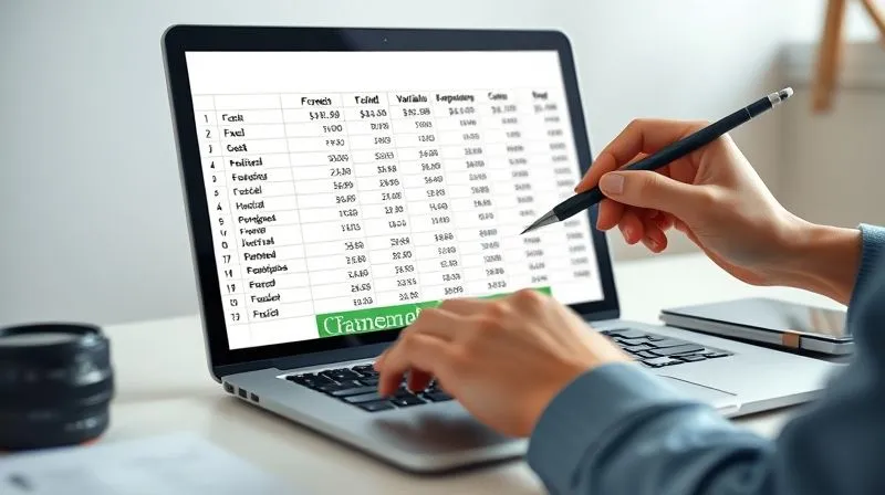 A photorealistic image of a detailed financial spreadsheet on a laptop screen, showing columns for fixed costs, variable costs, and hourly rates for a photography business. A hand with a pen is pointing to a specific cell. The background is a clean, professional desk with a camera lens resting beside the laptop. Cinematic lighting, sharp focus on the screen, depth of field, 8K hyper-detailed, shot on a high-end DSLR.
