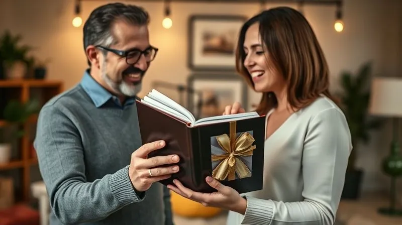A photorealistic image of a client receiving a beautifully packaged photo album from a professional photographer, both smiling. The background is a cozy studio with soft, warm lighting. The album is elegantly designed, suggesting high quality. Sharp focus on the album and the exchange between client and photographer, depth of field blurring the background. 8K hyper-detailed, shot on a high-end DSLR.