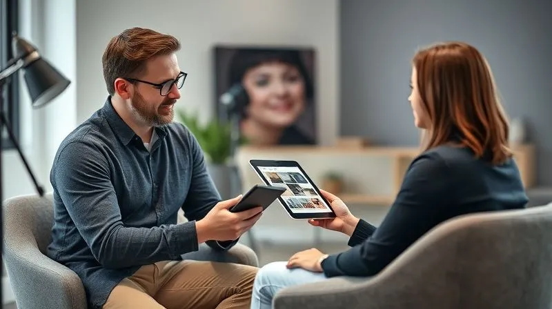 A photorealistic image of a photographer confidently explaining options to a client during a consultation, using a tablet to showcase different photography packages. Both are seated in a modern, well-lit studio. The photographer's posture exudes professionalism and expertise. Sharp focus on their interaction, depth of field subtly blurring the background elements. 8K hyper-detailed, shot on a high-end DSLR.