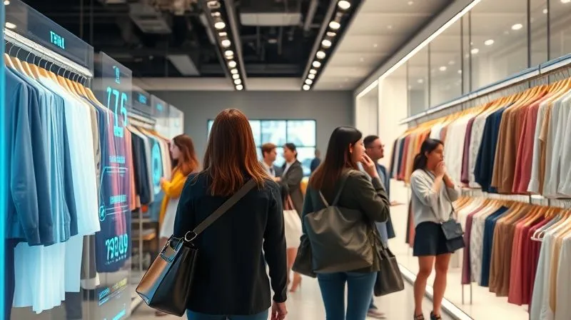 A photorealistic image of a futuristic clothing store with holographic displays showing real-time pricing data and AI algorithms analyzing garments. A diverse group of shoppers interacts with the smart technology, cinematic lighting, 8K, sharp focus, depth of field.