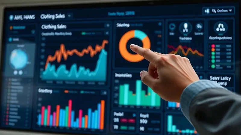 A photorealistic image of a sleek, modern data dashboard displaying charts and graphs related to clothing sales, inventory levels, and AI-driven price recommendations. A professional hand points to a key metric on the screen. Cinematic lighting, 8K, sharp focus, depth of field.