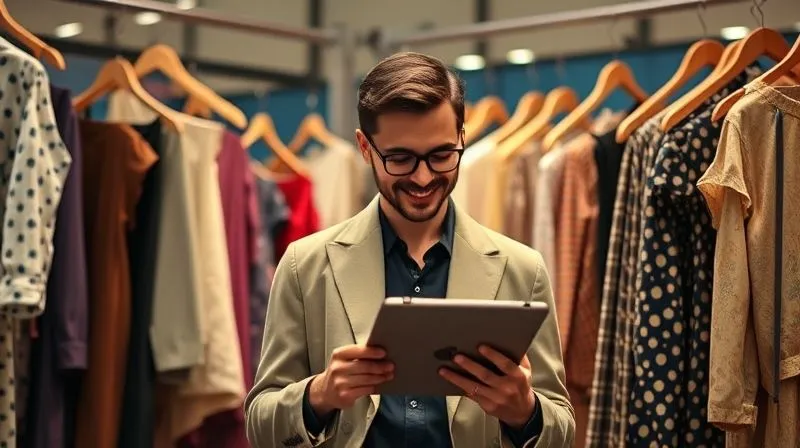 A photorealistic image of a fashion entrepreneur thoughtfully reviewing AI-generated price recommendations on a tablet, surrounded by beautiful vintage clothing. The entrepreneur is smiling, indicating confidence and control, cinematic lighting, 8K, sharp focus, depth of field.