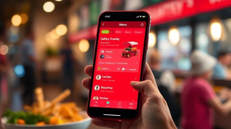 A photorealistic image of a sleek, user-friendly mobile app interface for a local restaurant's delivery service, showing a clear menu and easy ordering process. The screen is vibrant, with depth of field blurring the background, 8K, cinematic lighting.