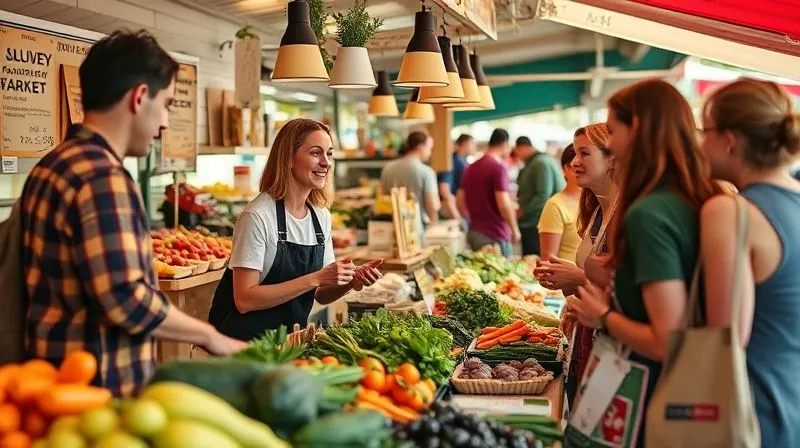 A photorealistic image of a vibrant local farmers market, with a small food stall offering delivery information, engaging with happy customers. The scene is full of natural light, showcasing fresh produce and community interaction, 8K, professional photography, depth of field.