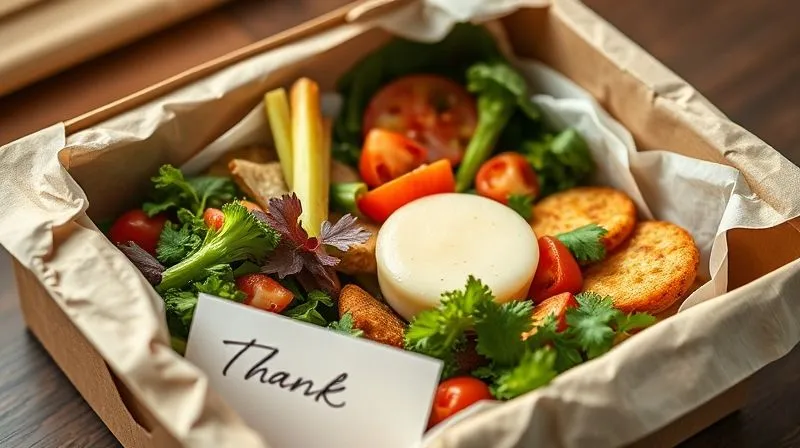 A photorealistic close-up of a beautifully presented gourmet meal in an eco-friendly delivery package, with a handwritten thank you note visible. The lighting is warm and inviting, highlighting freshness and care, 8K, sharp focus, depth of field.