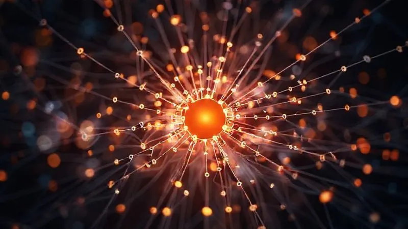 A photorealistic image of a complex web of interconnected digital nodes and data streams, symbolizing the challenge of attribution in digital marketing. Cinematic lighting, sharp focus on the central node, depth of field blurring the background. 8K hyper-detailed, professional photography, shot on a high-end DSLR.