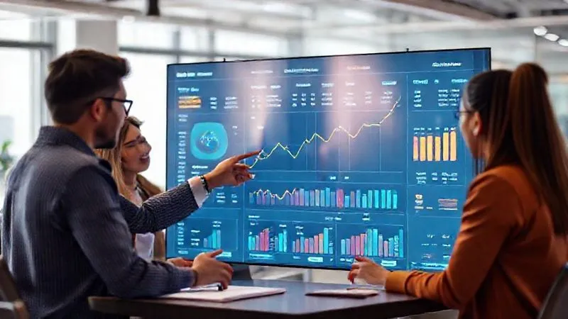A photorealistic, professional photography image of a diverse marketing team collaborating around a large digital dashboard, displaying various KPIs and ROI metrics for influencer campaigns. One team member points to a positive trend on a graph, conveying success and collaboration. Cinematic lighting, sharp focus on the dashboard, depth of field blurring the office background. 8K hyper-detailed, shot on a high-end DSLR.