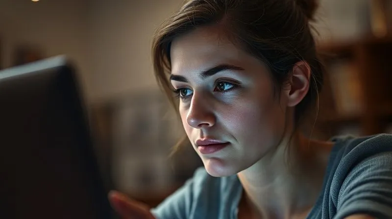 A photorealistic image of a thoughtful adult learner, perhaps a woman in her 30s-40s, looking intently at a digital screen, with subtle glowing elements around her head suggesting insights and understanding. The background is slightly blurred, hinting at an online learning environment. Cinematic lighting, sharp focus on her face, 8K hyper-detailed.