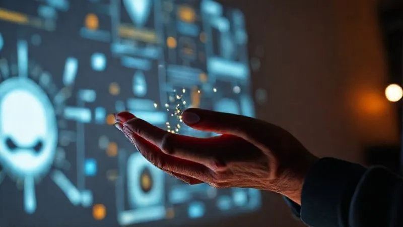 A photorealistic image of a storyteller's hands crafting a narrative with glowing data points and visual elements, projected onto a wall. Cinematic lighting, sharp focus on the hands and data, depth of field. 8K hyper-detailed, shot on a high-end DSLR, conveying creativity and impact.