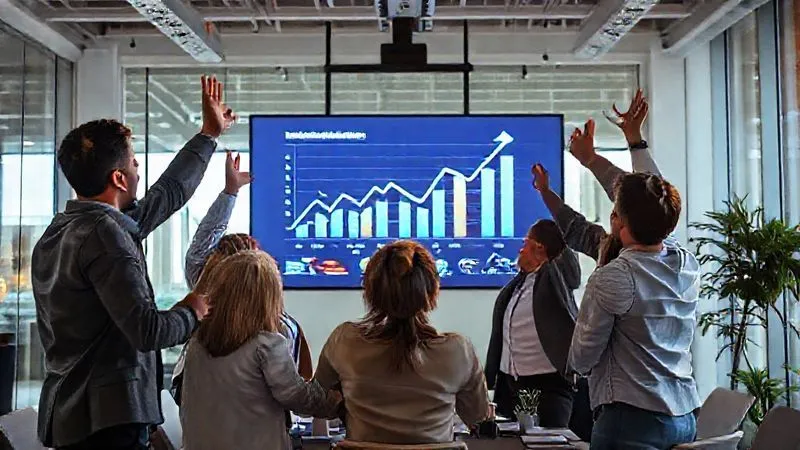 A photorealistic image of a business team celebrating success in a modern, brightly lit office, looking at a large screen displaying a clear, impactful infographic with positive growth trends. Cinematic lighting, sharp focus on the team and screen, depth of field. 8K hyper-detailed, shot on a high-end DSLR, conveying achievement and clarity.