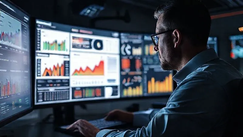 A photorealistic image of a data analyst examining a dashboard with various metrics (engagement, shares, conversions) related to an infographic's performance, displayed on multiple screens in a dimly lit, high-tech control room. Cinematic lighting, sharp focus on the dashboard, depth of field. 8K hyper-detailed, shot on a high-end DSLR, conveying analysis and insight.