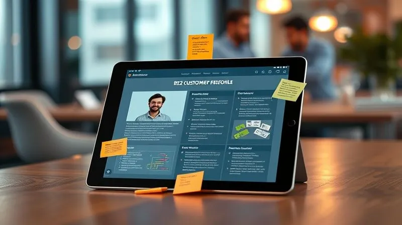 A photorealistic, professional photography, 8K, cinematic lighting, sharp focus, depth of field, shot on a high-end DSLR image of a detailed B2B customer persona profile displayed on a modern tablet, with sticky notes and mind maps around it, symbolizing deep understanding and research. The background is a blurred, collaborative office environment.
